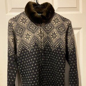 VTG Lauren Ralph Lauren Fair Isle Wool Full Zip Sweater Faux Fur Collar/Cuffs-PM